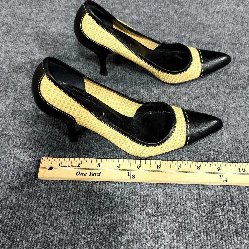 Prada Shoes Womens 5.5 EU 35.5 Beige Black Leather Woven Cap Toe Pumps Heels